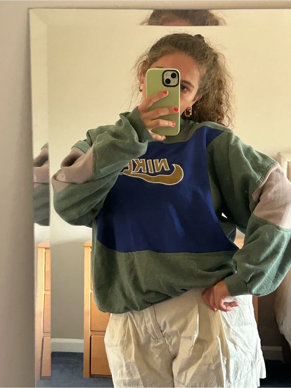 One of a kind reworked patched Nike green & blue crewneck